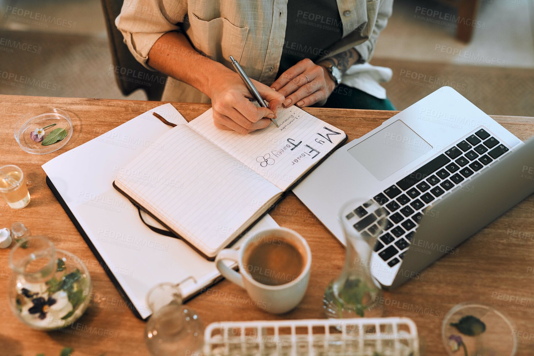 Buy stock photo Girl, hands and writing in notebook with plants for growth progress, observation journal and garden planner. Woman, top view and laptop in home for horticulture documentation and hydroponic study.