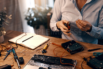 Buy stock photo Woman, hands and technician with motherboard for repair, system restoration and engineer for tech diagnostics. Female pc programmer, pliers and hard drive in home for IT support and data recovery.