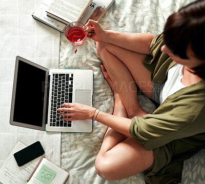 Buy stock photo Woman, laptop and tea on bed in top view for remote work with smartphone, books or learning in house. Journalist, tech and freelance in bedroom from above for research, storytelling and writing pitch