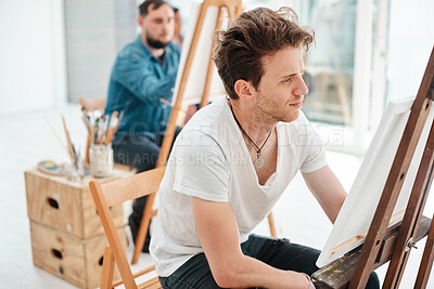 Buy stock photo Student, man and painting in art class with canvas for university project, inspiration or education. Workshop. talent and male artist person with easel for relax, watercolor or creativity in studio