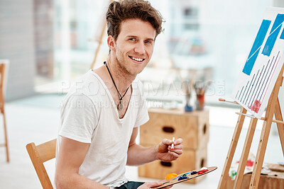 Buy stock photo Portrait, happy man and painting in art class with canvas for university project, creativity or education. Workshop. easel and artist person with palette for relax, watercolor or talent in studio