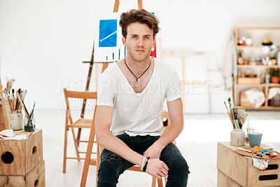 Buy stock photo Man, artist and portrait in art studio with canvas, painting and creative workshop of painter. Entrepreneur, brush and gallery project with relax and confidence of freelancer and frame for watercolor