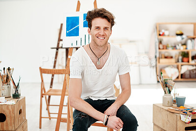 Buy stock photo Man, artist and smile portrait in art studio with canvas, paint and creative career of painter. Entrepreneur, job and gallery project with relax and confidence of freelancer and frame for watercolor