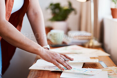 Buy stock photo Hands, woman and designer with sketch for planning at desk with creativity, small business and drawing in home. Seamstress, dressmaker and mood board in apartment for art project or fashion week