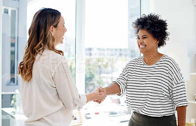 Buy stock photo Business women, handshake and diversity with meeting, agreement and choice in office for promotion. People, employees and colleagues in onboarding for partnership, negotiation and welcome in company