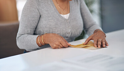 Buy stock photo Design, office and hands of woman with color palette, business plan and decision in project management. Checking, choice and professional consultant at desk with paperwork, creative ideas or research