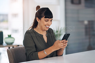 Buy stock photo Woman, phone and texting with smile in office for contact, networking or communication at startup. Person, employee and happy with smartphone for notification, deal or email with typing at workplace