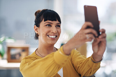 Buy stock photo Smile, selfie and business woman in office on break for social media, online post and update profile. Workplace, professional and person take picture and happy for memory, internet and company blog