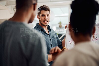 Buy stock photo Man, coach and whiteboard in office for training, teaching and learning for skill or career development. People, employee and mentor or leader at workshop with internship program and motivation