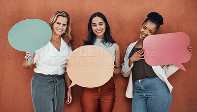 Buy stock photo Group, woman and speech bubble for social media, exchange or communication on fashion forum. People in portrait with feedback, clothes reviews and chat mockup for style or retail on wall background