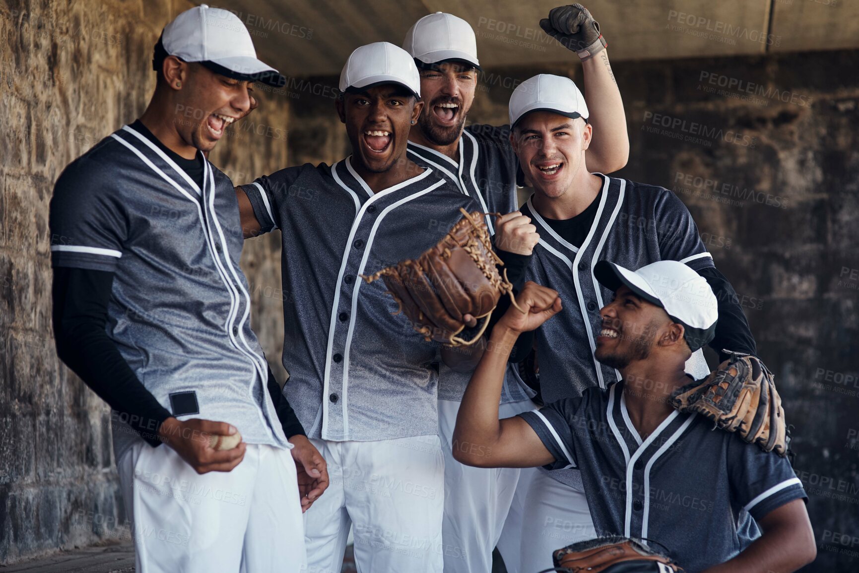 Buy stock photo Baseball, cheer and dugout with team for support, happy and watch in shade from summer heat. Field, sports and success for competition with male people, excited and together for softball club match