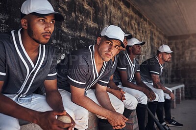 Buy stock photo Baseball, team and dugout for game and watch, anxious and support in shade for competition. Field, diversity and rest for substitution for male people, nervous and athlete for softball club match