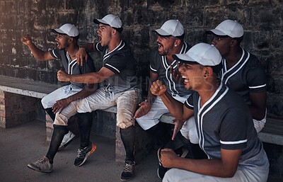 Buy stock photo Baseball, cheer and bench with team for support, happy and watch in shade with motivation or smile. Dugout, excited and success for competition with people or sports together for club match score