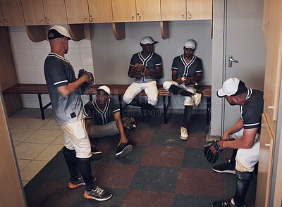 Buy stock photo Men, baseball and together in locker room for game discussion or reflection, poor performance or sad for result. Team, sport and building with communication for training exercise or practice workout