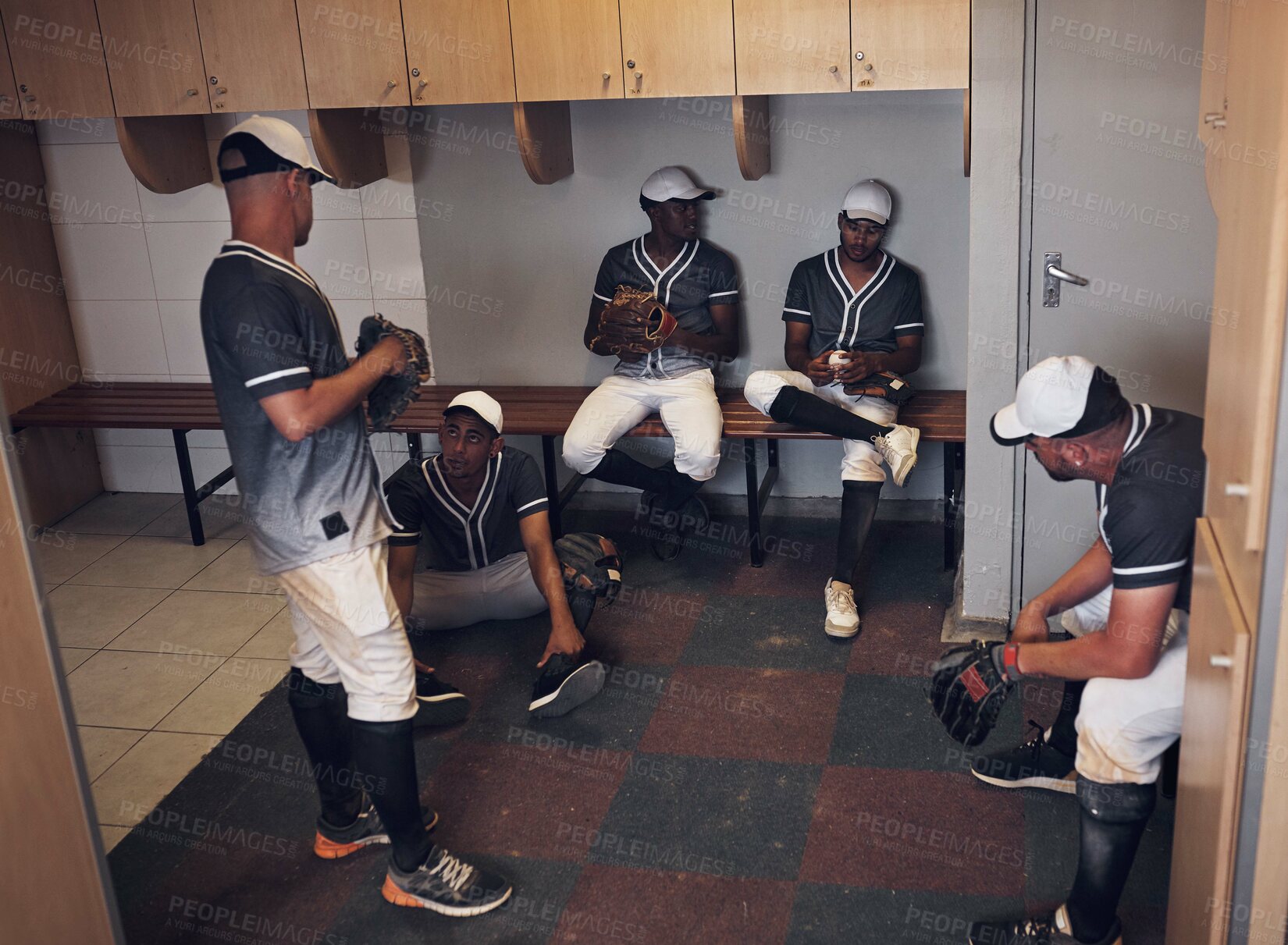 Buy stock photo Men, baseball and together in locker room for game discussion or reflection, poor performance or sad for result. Team, sport and building with communication for training exercise or practice workout