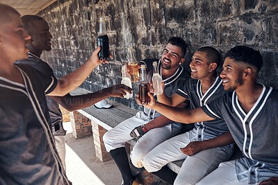 Buy stock photo Baseball, men and team with drinks at stadium, dugout and celebration with toast for success in competition. People, group and friends with soda, winning and cheers with diversity, goals and sports