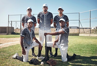 Buy stock photo Baseball, team and portrait on field with players, confident and serious or competition match outside. Training exercise, support and sportsman together, softball and group with catchers glove or bat