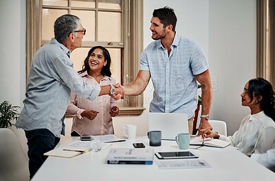 Buy stock photo Business people, men and shaking hands at meeting with welcome at startup with respect in office. Team, introduction and diversity with kindness, partnership and hello with smile at creative agency