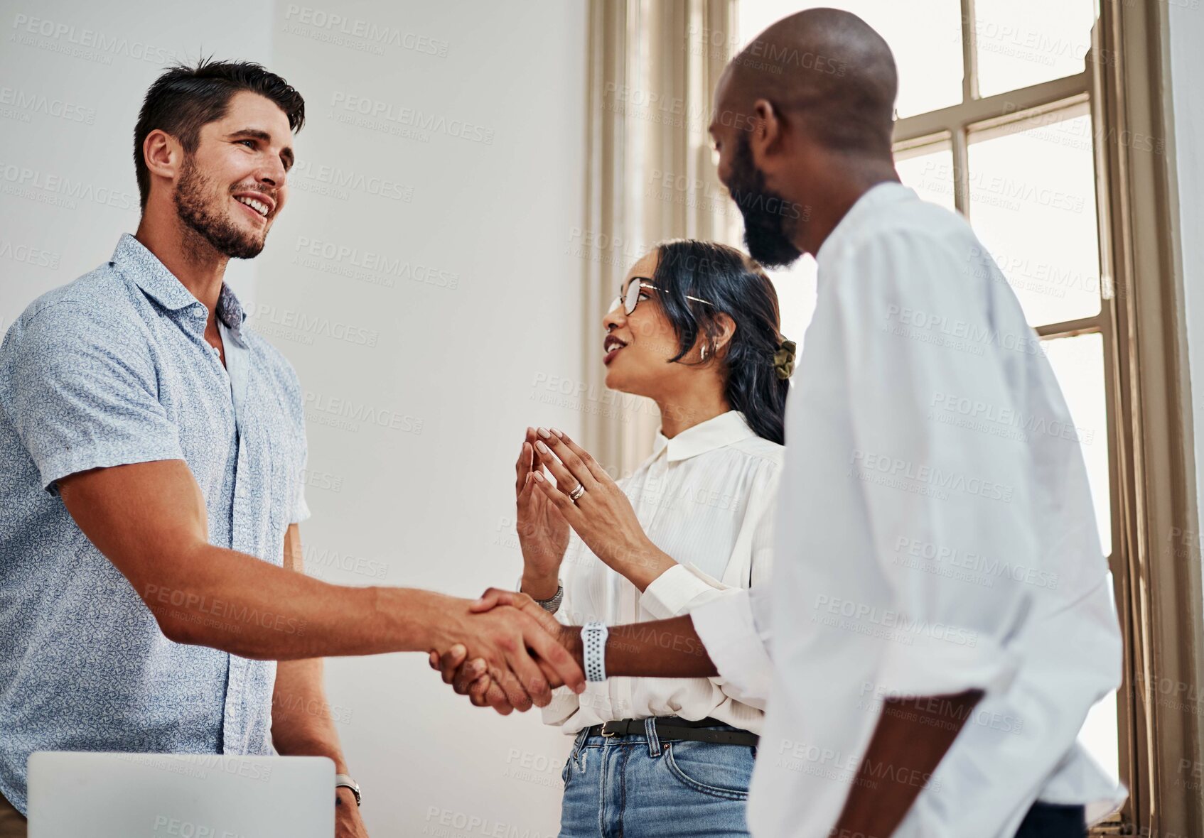 Buy stock photo Business people, men and handshake at office with welcome at startup with respect at meeting. Team, introduction and diversity with kindness, partnership and hello with smile at creative agency