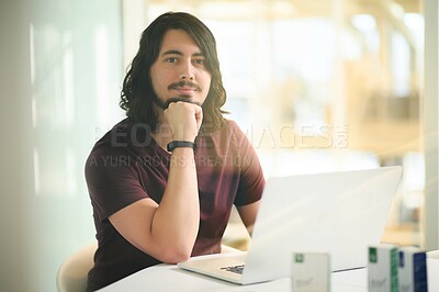 Buy stock photo Business, man or portrait on laptop in office for email feedback, communication or networking. Digital designer, employee and tech at desk for online content review or social media marketing campaign