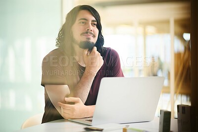 Buy stock photo Business, man and laptop in office with thinking of email feedback, communication and design ideas. Digital designer, intern or thoughtful for online content review or social media marketing campaign