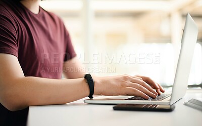 Buy stock photo Business, person and hands on laptop in office with copywriting, blog post review and email feedback. Entrepreneur, freelancer and typing with technology for research proposal and editing article