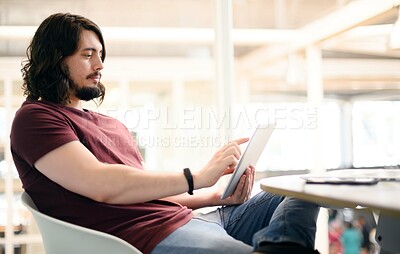 Buy stock photo Person, tablet and planning for web design research, ideas and vision for it programming algorithm. Coder, designer or software developer man on technology for communication, social media and iot app