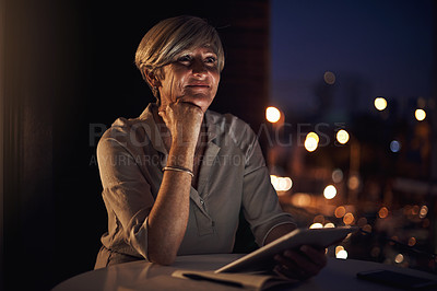 Buy stock photo Dark, thinking and business woman on tablet for project ideas, inspiration and company growth. Corporate, professional and nature person on digital tech for research, internet and website on balcony