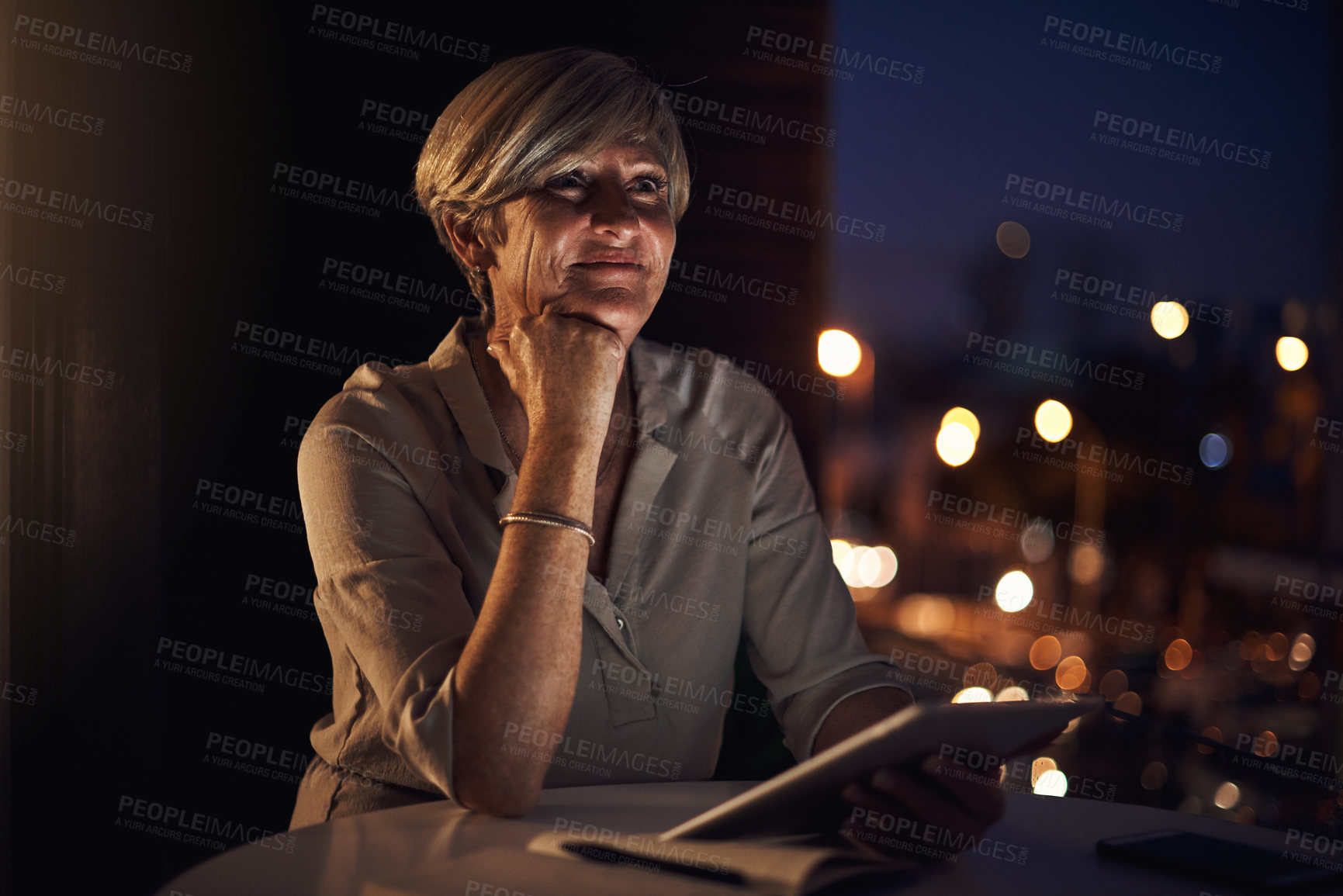 Buy stock photo Dark, thinking and business woman on tablet for project ideas, inspiration and company growth. Corporate, professional and nature person on digital tech for research, internet and website on balcony