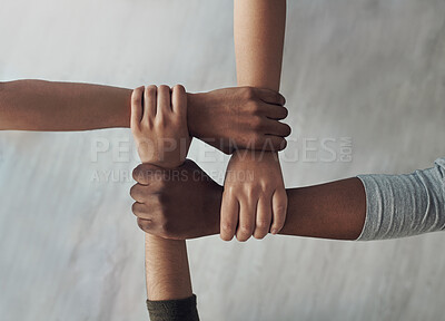 Buy stock photo Hands, connection and partnership with diversity for teamwork, collaboration and mission for growth. People, community and support in business with trust, commitment and staff together in solidarity