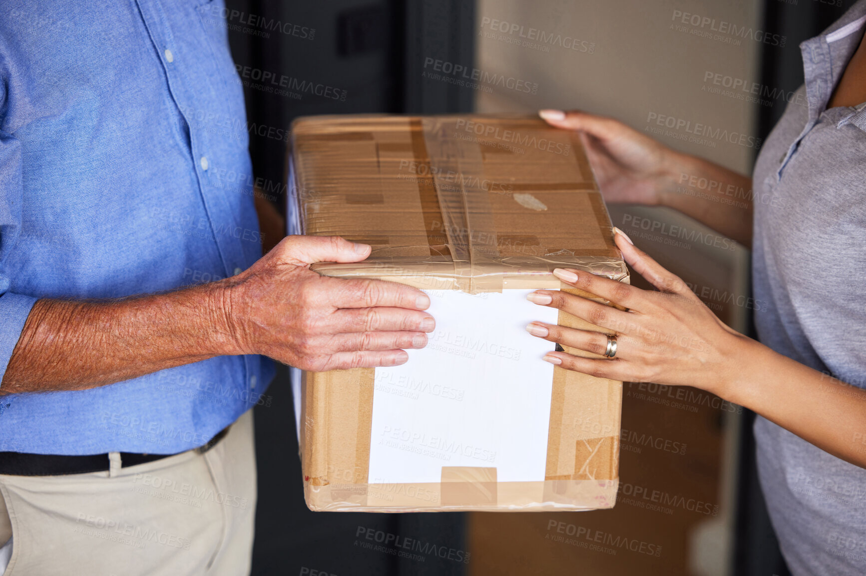 Buy stock photo Courier, package and delivery for e commerce, logistics and online shopping and supply chain. Woman, customer and retail purchase with cargo, box and commercial service for distribution and freight