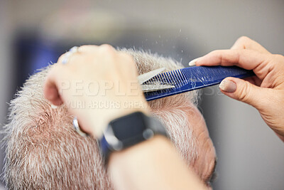 Buy stock photo Hands, scissors and mature man in salon for haircut by hairdresser, barber and hair care service. Barbershop, hairstylist and elderly person or client for makeover, grooming and cutting as self care