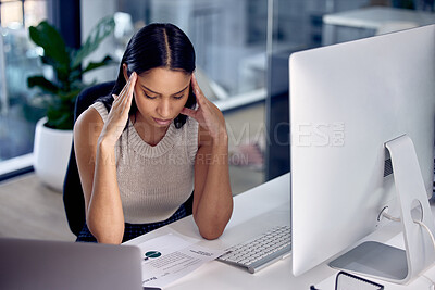 Buy stock photo Computer, desk and woman in office with headache, pain and migraine from work deadline. Technology, pc and fatigue for female lawyer in workplace, head and stress or burnout for corporate employee