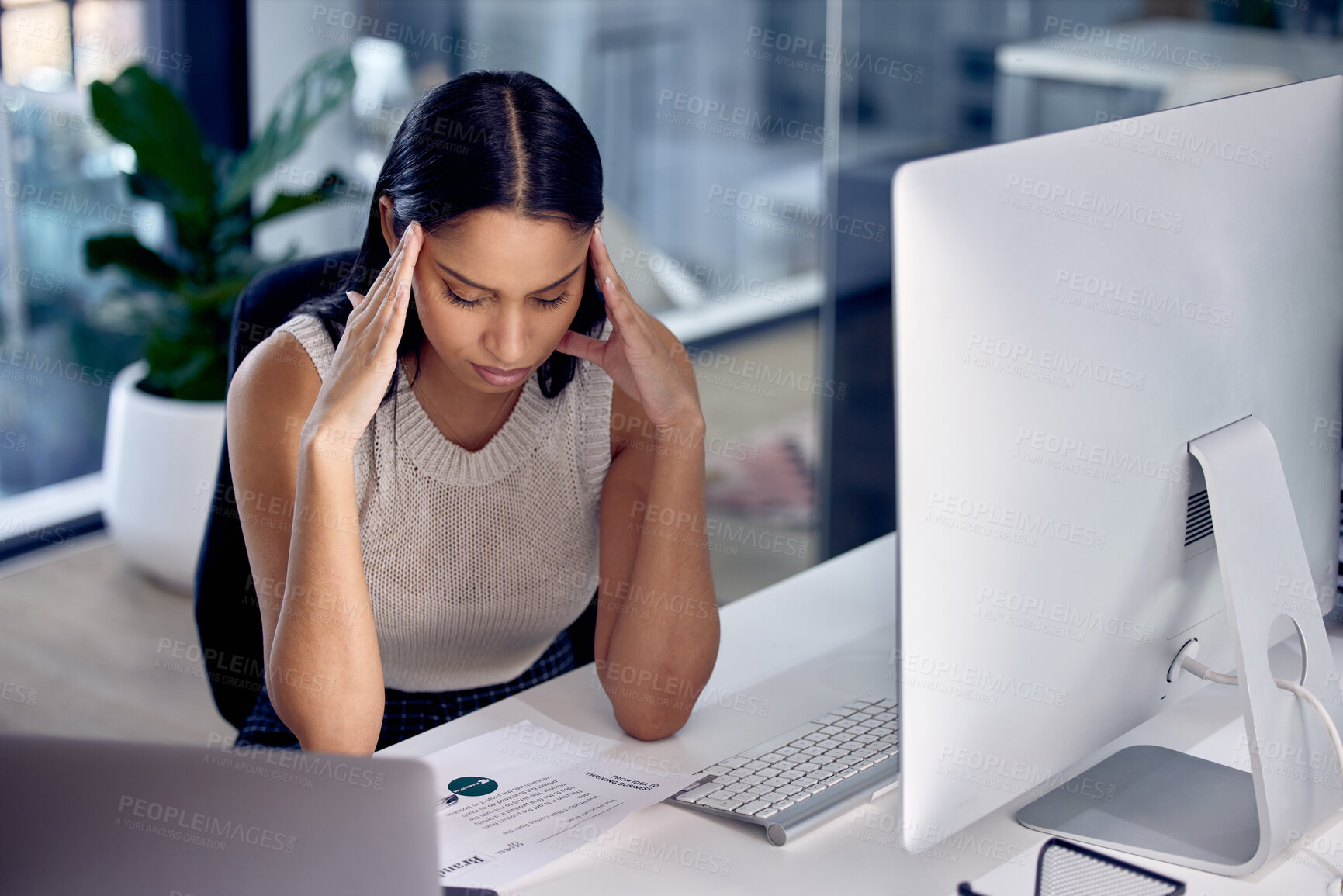 Buy stock photo Computer, desk and woman in office with headache, pain and migraine from work deadline. Technology, pc and fatigue for female lawyer in workplace, head and stress or burnout for corporate employee