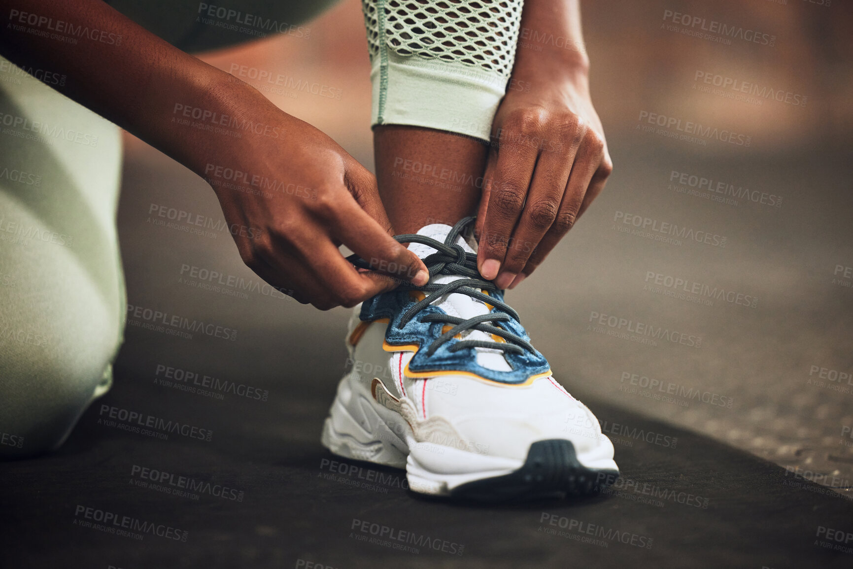 Buy stock photo Lace, gym or hands of person with shoes at gym for training, exercise or workout motivation in fitness center. Tie, closeup or legs of girl sports athlete with footwear ready to start exercising 