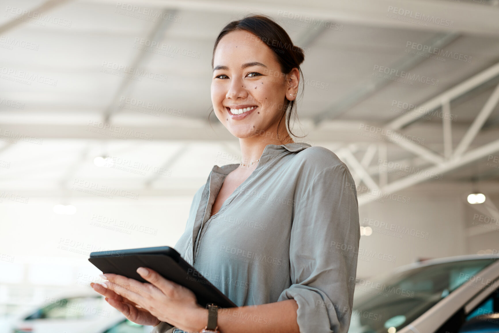 Buy stock photo Showroom, cars and portrait of woman with tablet, smile or confidence in auto insurance agency. Transport, rental and happy sales consultant at motor dealership with digital app for online networking