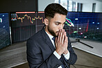 Businessman with depression on the stock market, trading during a financial crisis. Stressed trader in a bear market, looking at stocks crashing. Market crash, stock default and economy failure