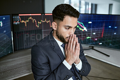 Buy stock photo Hope, computer and business man at desk for investment success, solution or stock market growth in office. Screen, thinking and trader for financial profit, problem solving or waiting on feedback