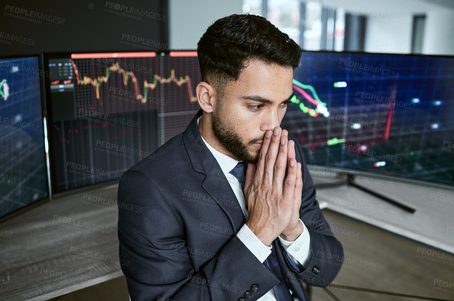 Buy stock photo Hope, computer and business man at desk for investment success, solution or stock market growth in office. Screen, thinking and trader for financial profit, problem solving or waiting on feedback