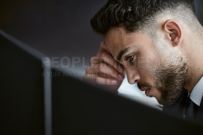 Buy stock photo Businessman, stress and sad in office with worry, anxiety or unemployment for job loss. Stock broker, bad news and mental health in market crash, recession or financial crisis and retrenched notice