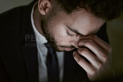 Buy stock photo Businessman, stress and headache in office with worry, anxiety or unemployment for job loss. Stock broker, sad and mental health in market crash, recession or financial crisis and retrenched notice