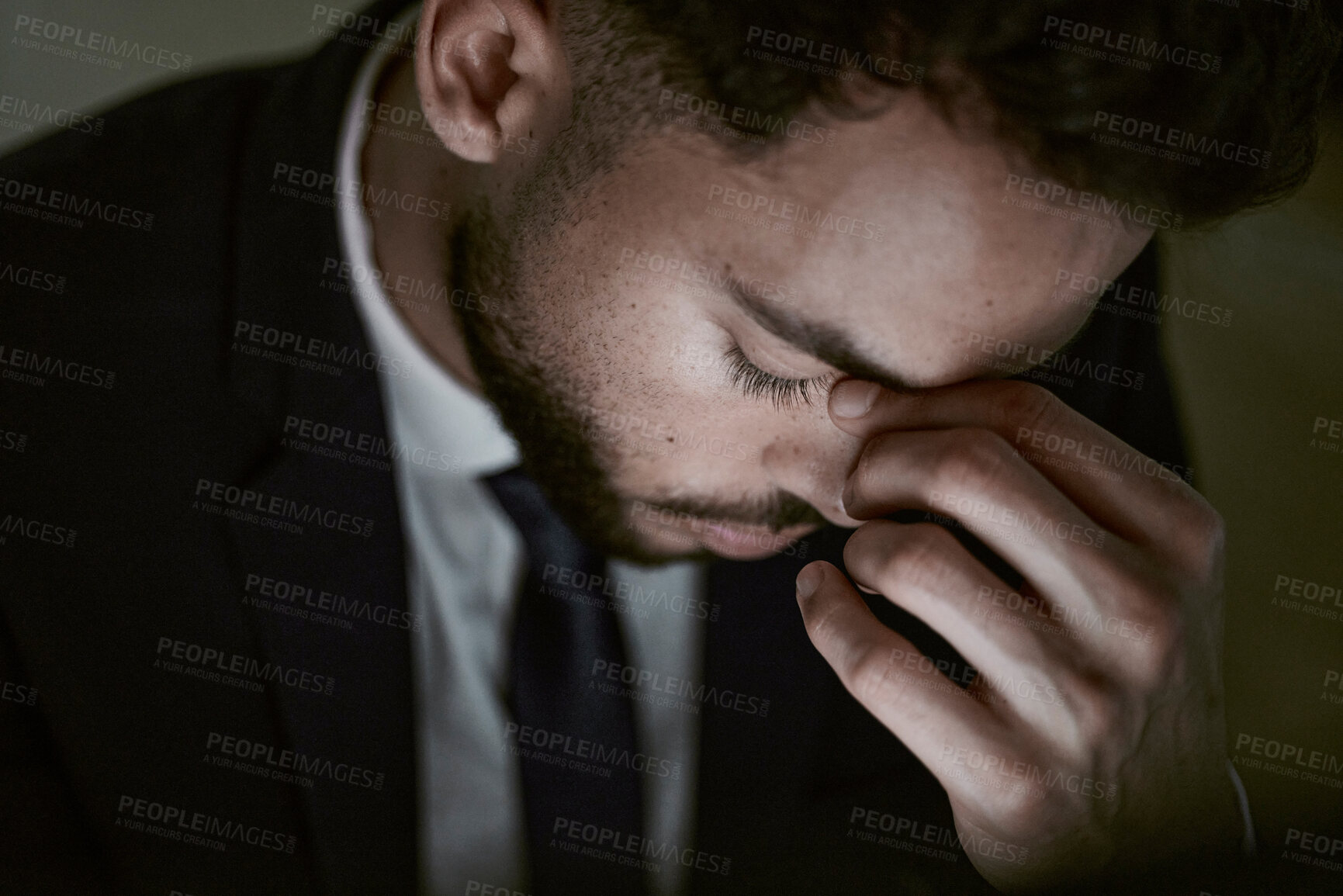 Buy stock photo Businessman, stress and headache in office with worry, anxiety or unemployment for job loss. Stock broker, sad and mental health in market crash, recession or financial crisis and retrenched notice