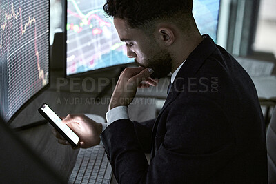 Buy stock photo Businessman, computer chart and phone for trading, stock market and online news for recession in office. Trader guy, graph screen and stress for economy crisis, mobile article and fear for bankruptcy