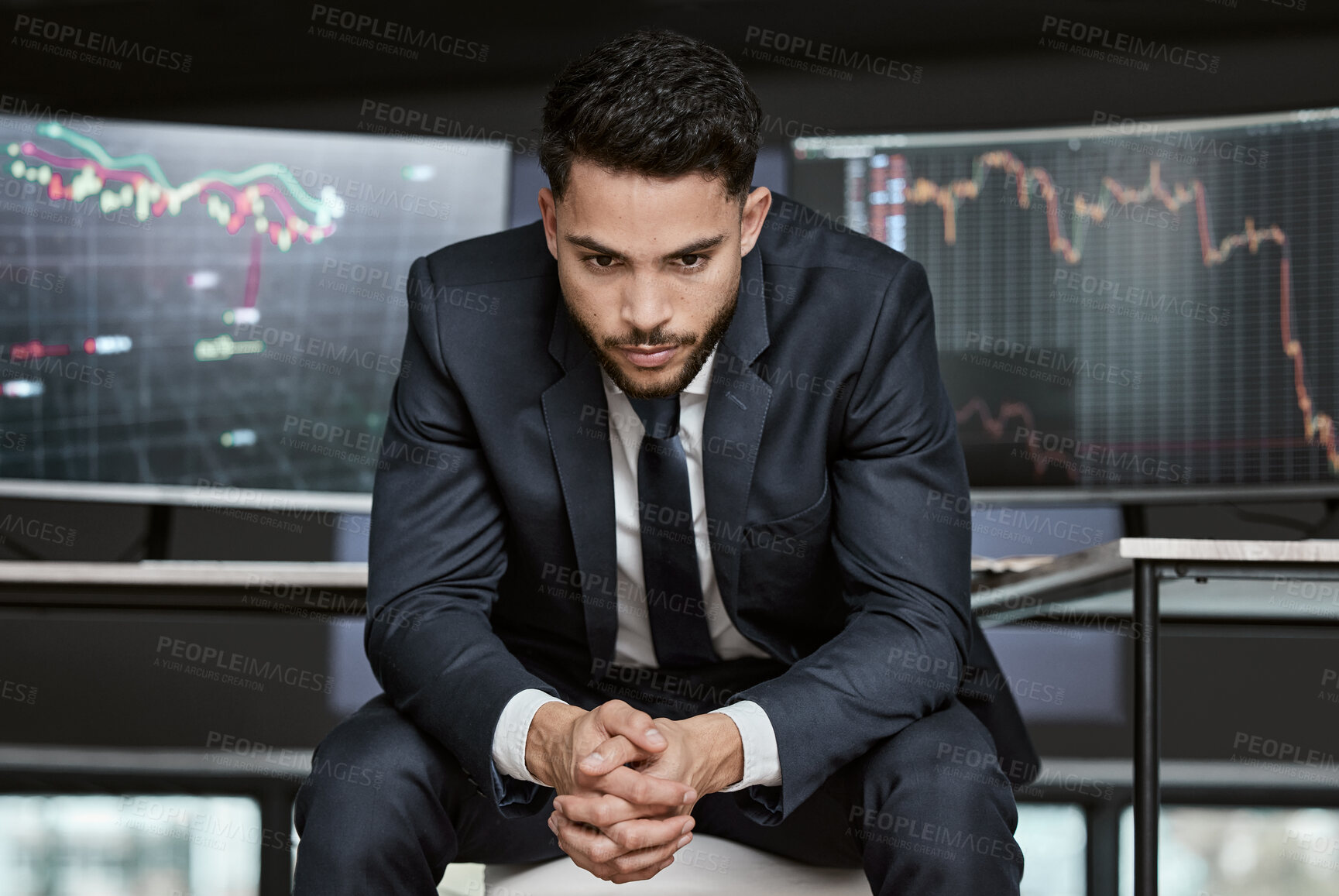 Buy stock photo Thinking, computer screen and business man with charts for investment idea, solution or stock market growth in office. Hope, statistics and trader for financial profit, decision or problem solving