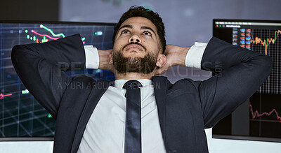 Buy stock photo Businessman, thinking or relax with stretching, computer and analytics for stock market trading in office. Male trader, graph screen and sad thoughts for economy crisis, recession and profit ideas