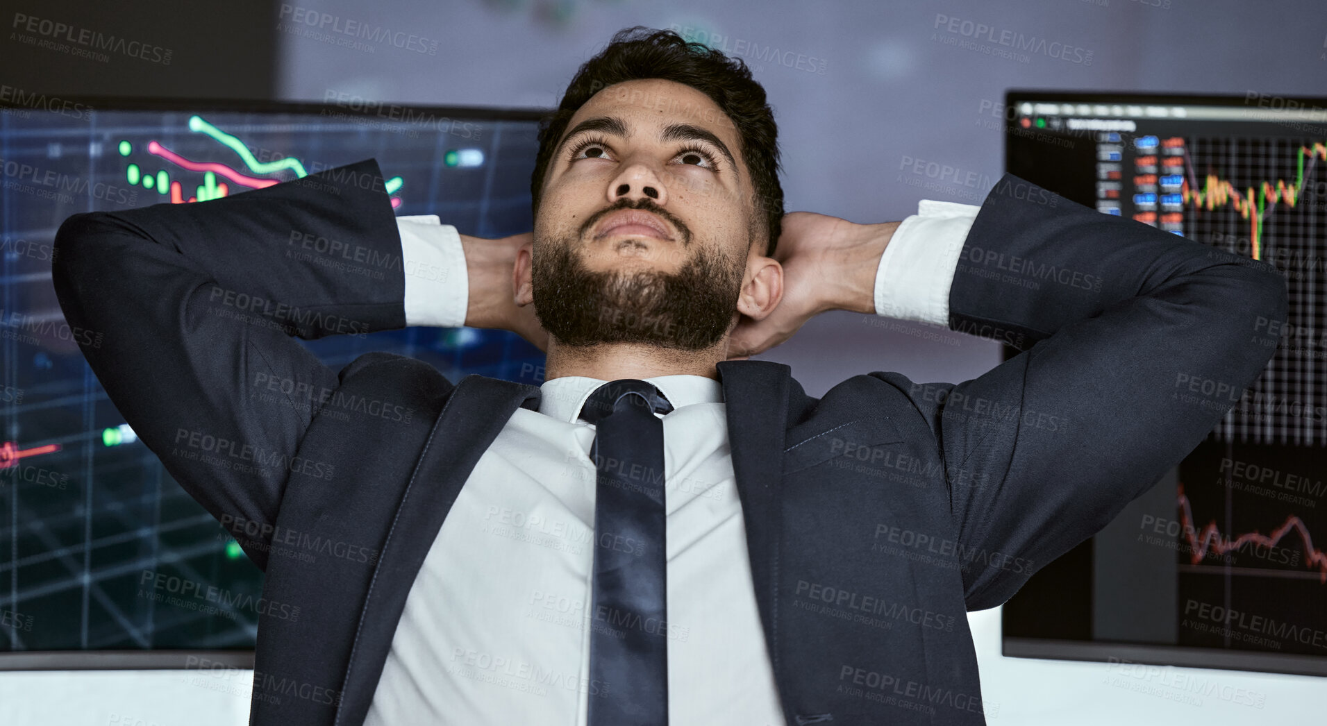 Buy stock photo Businessman, thinking or relax with stretching, computer and analytics for stock market trading in office. Male trader, graph screen and sad thoughts for economy crisis, recession and profit ideas