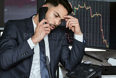 Buy stock photo Stress, statistics and business man with phone call for investment mistake, error or stock market problem in office. Computer screen, frustrated and trader for financial crisis, talking or analytics