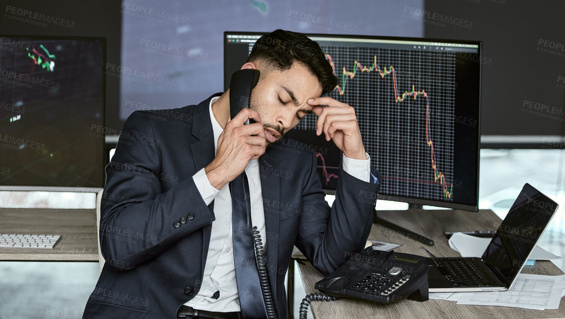 Buy stock photo Stress, charts and business man with phone call for investment mistake, error or stock market problem in office. Computer screen, frustrated and trader for financial crisis, discussion or statistics