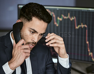 Buy stock photo Frustrated, statistics and business man with phone call for investment mistake, error or stock market problem in office. Computer screen, stress and trader for financial crisis, talking or analytics