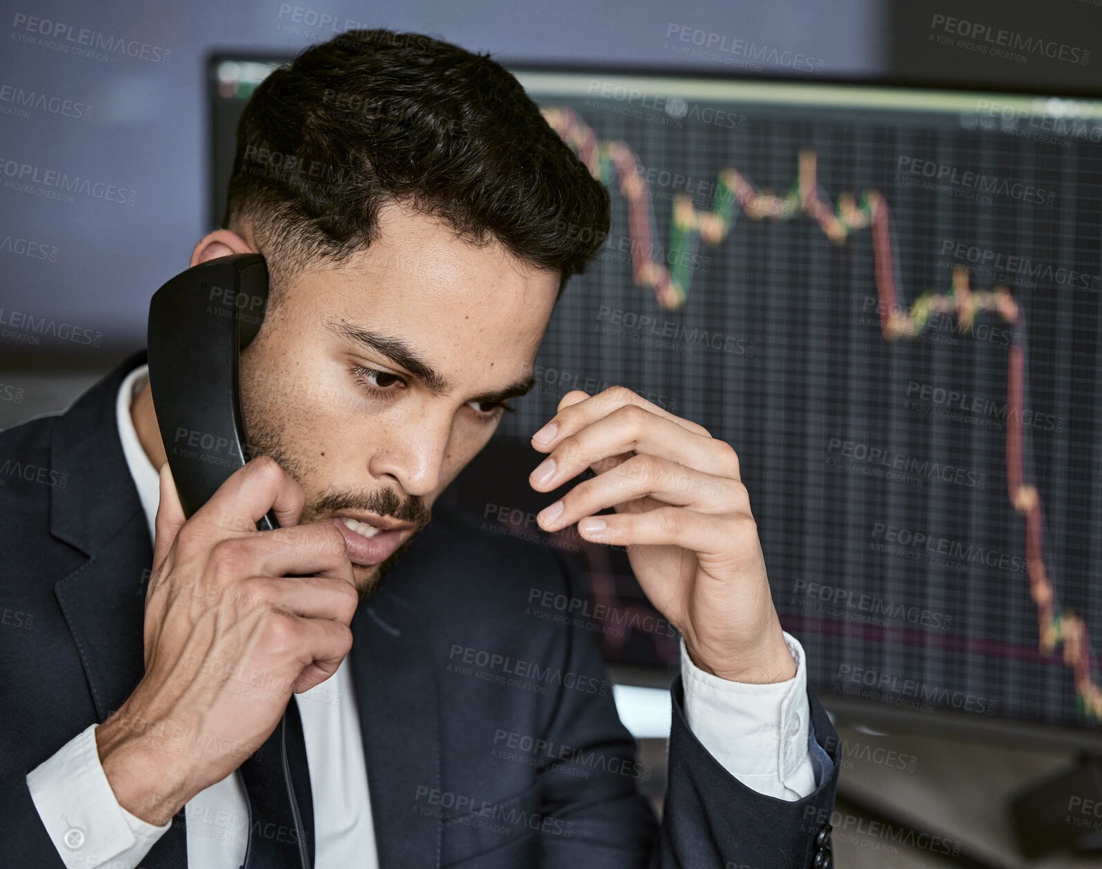 Buy stock photo Frustrated, statistics and business man with phone call for investment mistake, error or stock market problem in office. Computer screen, stress and trader for financial crisis, talking or analytics